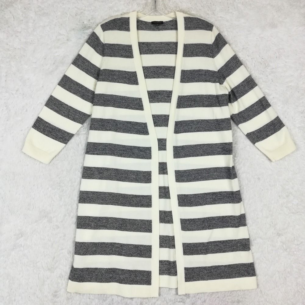 Talbots Womens Cardigan Sweater Tunic Open Front Off White Navy Stripe Cotton L